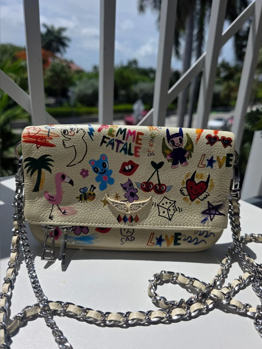 Zadig & Voltaire Cream Mini Clutch with Multicolor Graphic Motifs